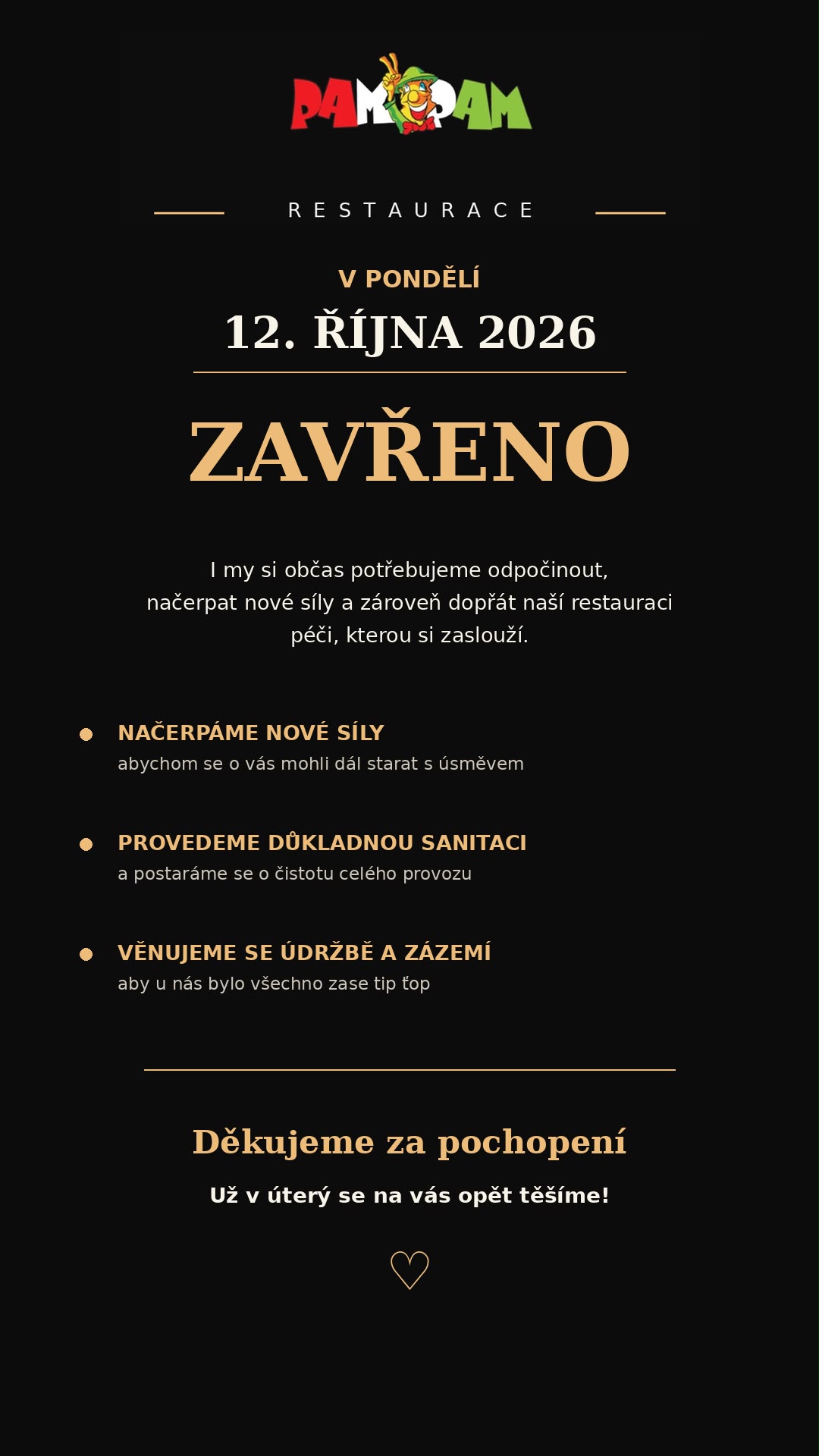 Pampam zavřeno 12.10.2026